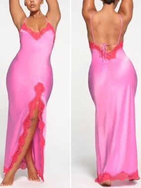 SKIMS Woven Shine Lace Maxi Dress in Neon Orchid Sz S NEW